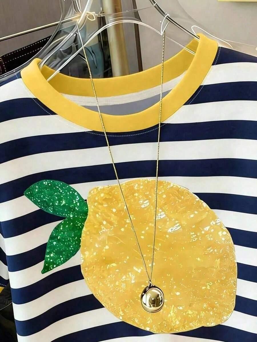 t-shirt paski kontrast cytryna