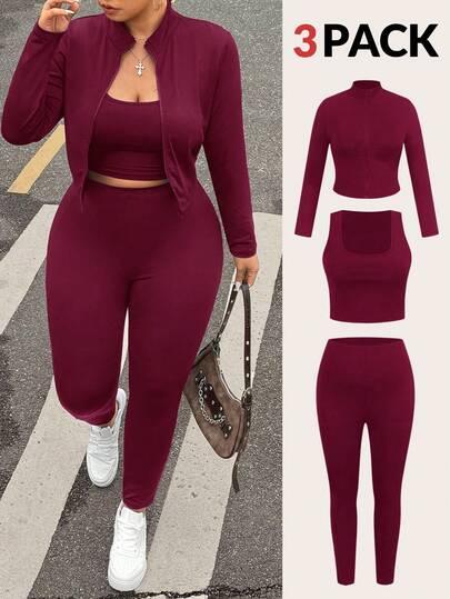 czerwony komplet top bluza legginsy