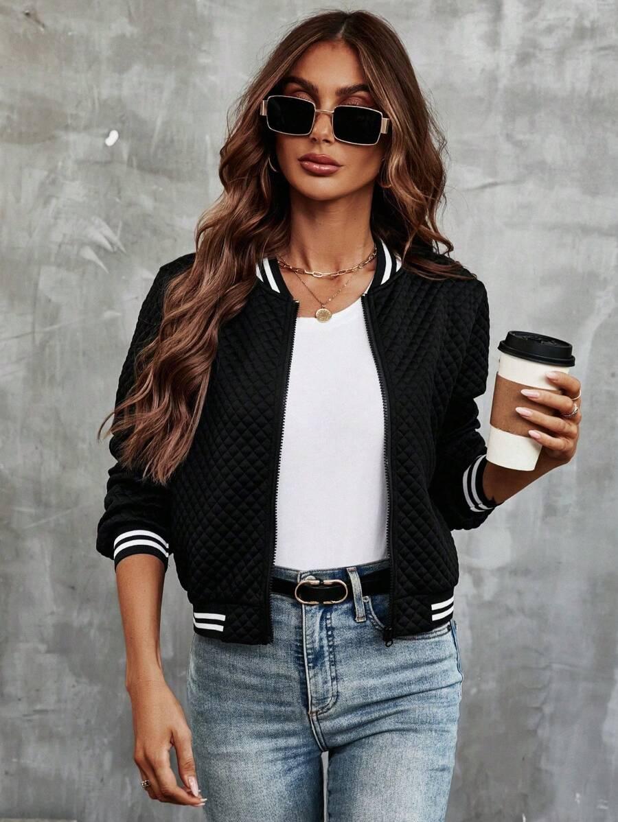 CZARNA pikowana bluza bomber ZAMEK kontrast