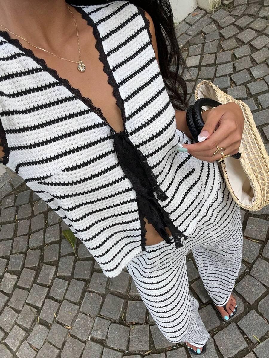 klasyczny top wzór paski wiązanie 