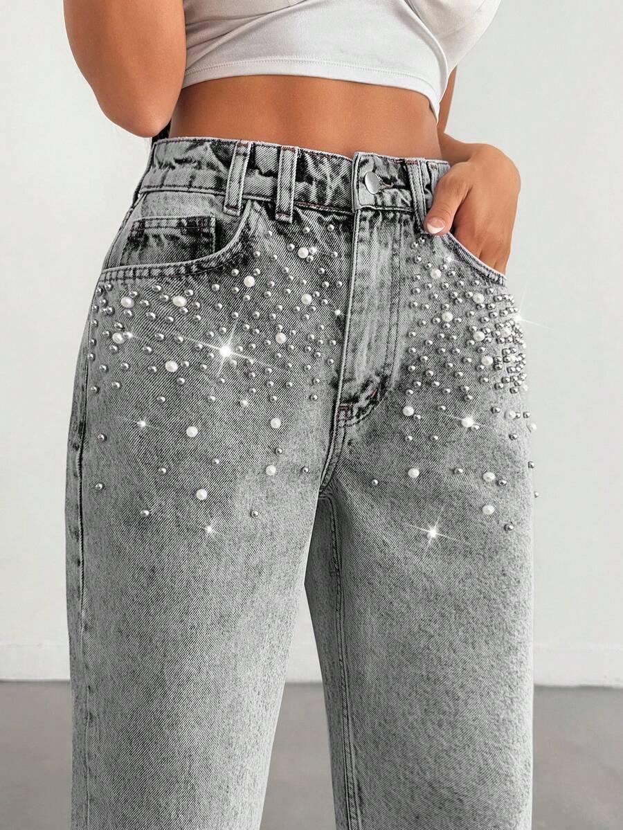 SZARE SPODNIE JEANS ZDOBIENIE