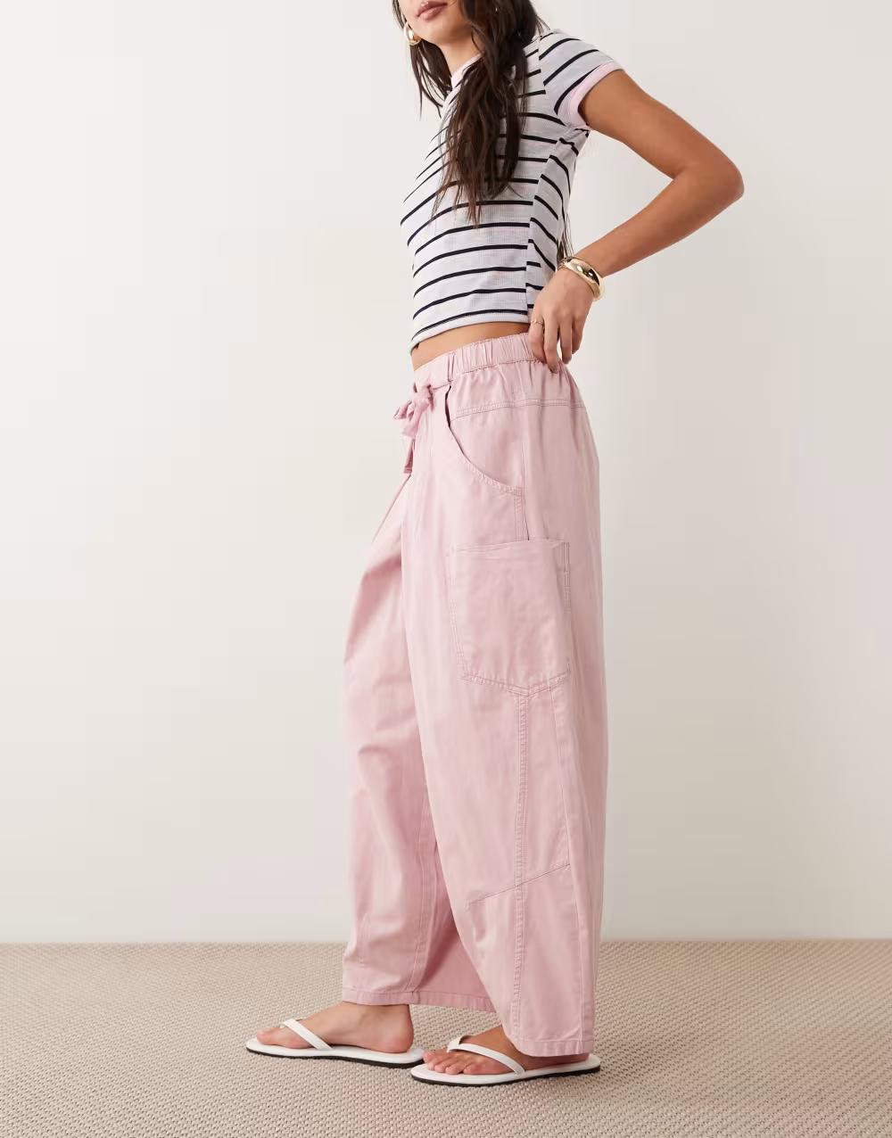 różowe spodnie barrel leg casual kieszenie wiązanie