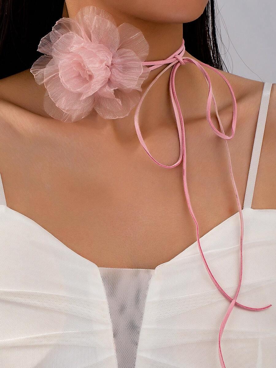 różowy naszyjnik choker kwiat