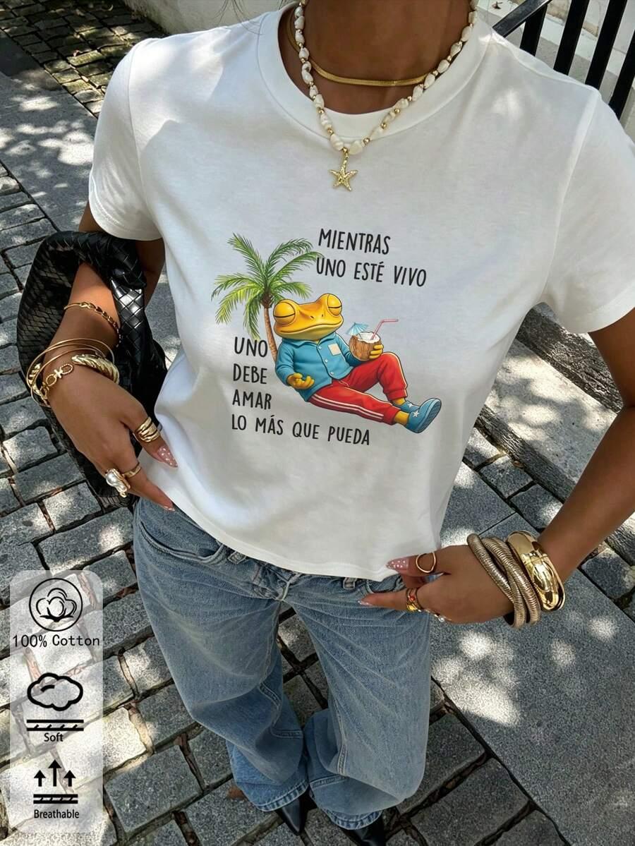 biały t-shirt z nadrukiem okrągły dekolt