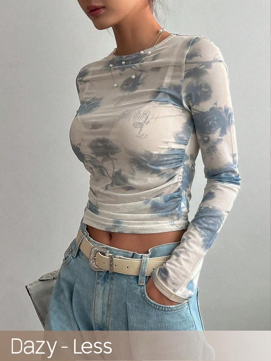 top długi rękaw print siateczka