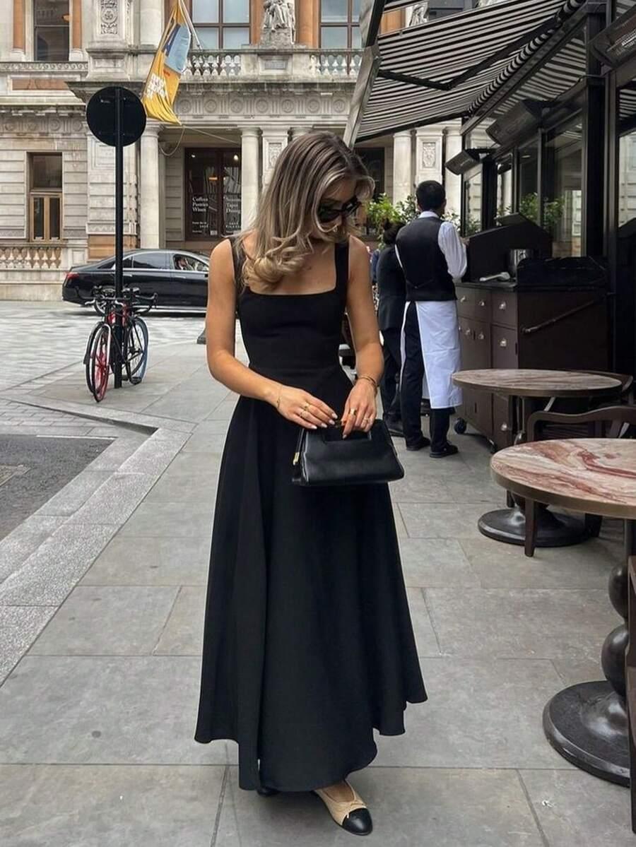 czarna midi sukienka kwadratowy dekolt