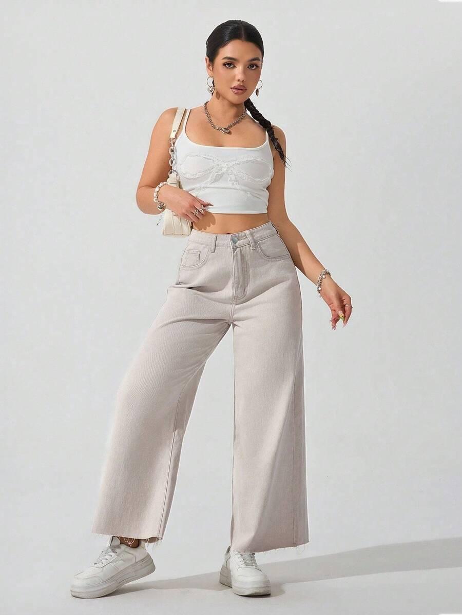 BEŻOWE SPODNIE JEANS WIDE LEG