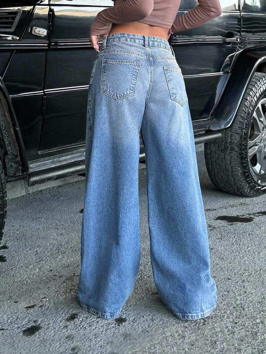 niebieskie spodnie jeans wide leg