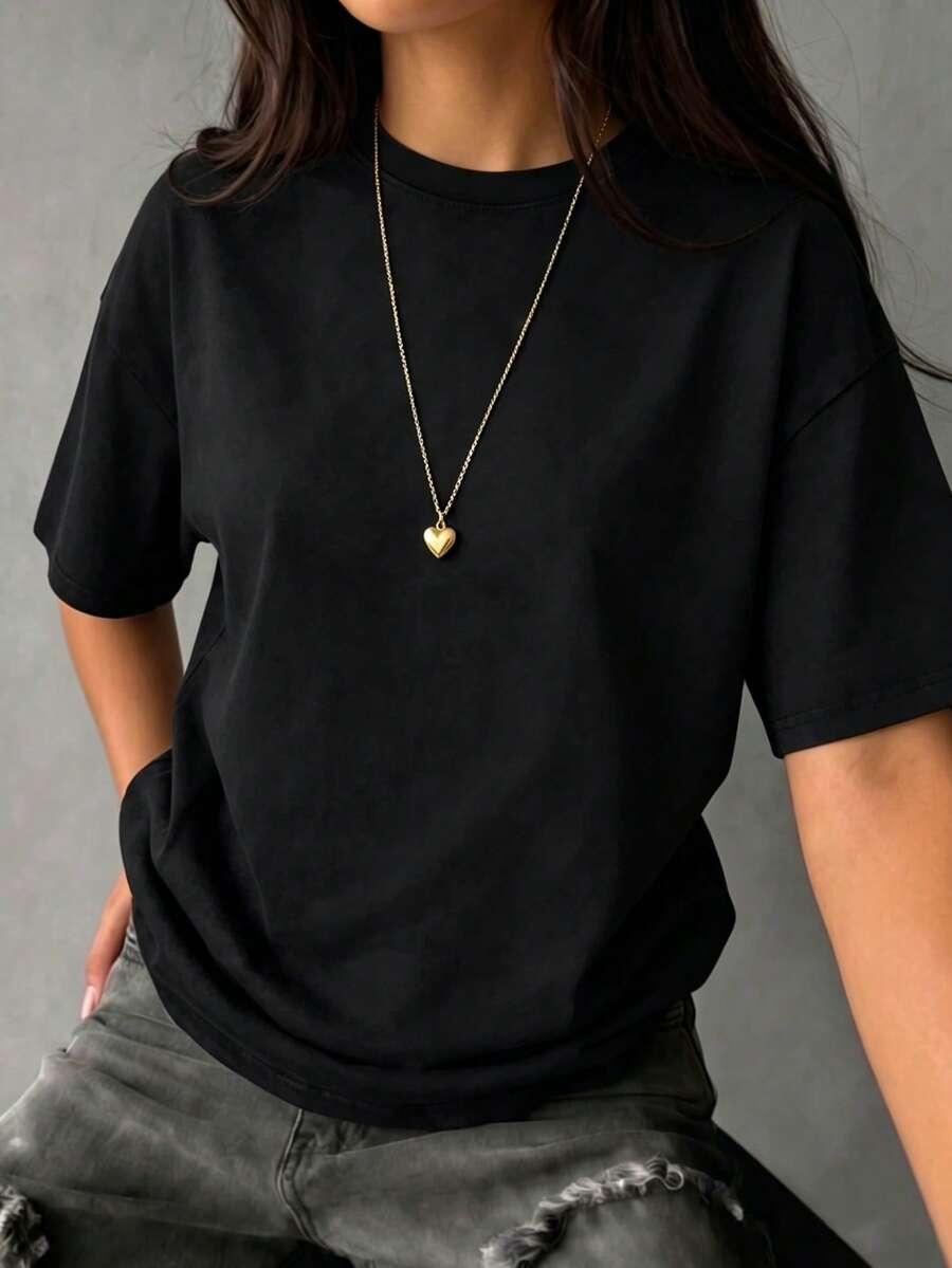 czarny t-shirt oversize okrągły dekolt
