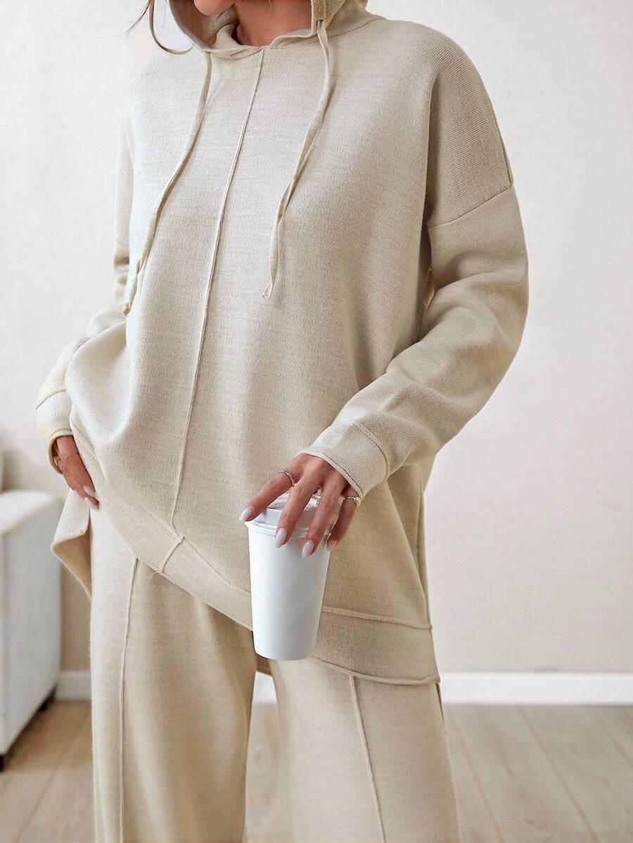 BEŻOWY DZIANINOWY KOMPLET OVERSIZE SPODNIE BLUZA