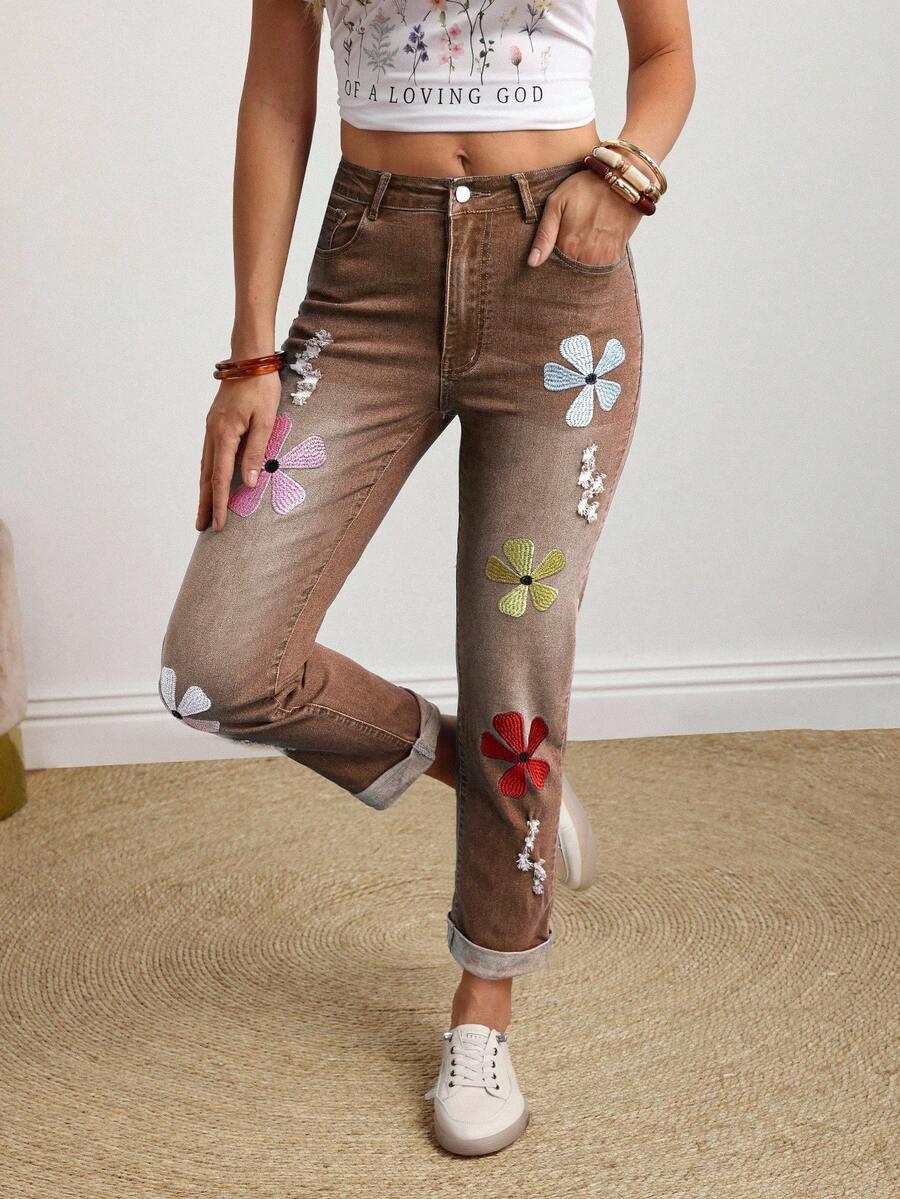 BRĄZOWE SPODNIE JEANS HAFT