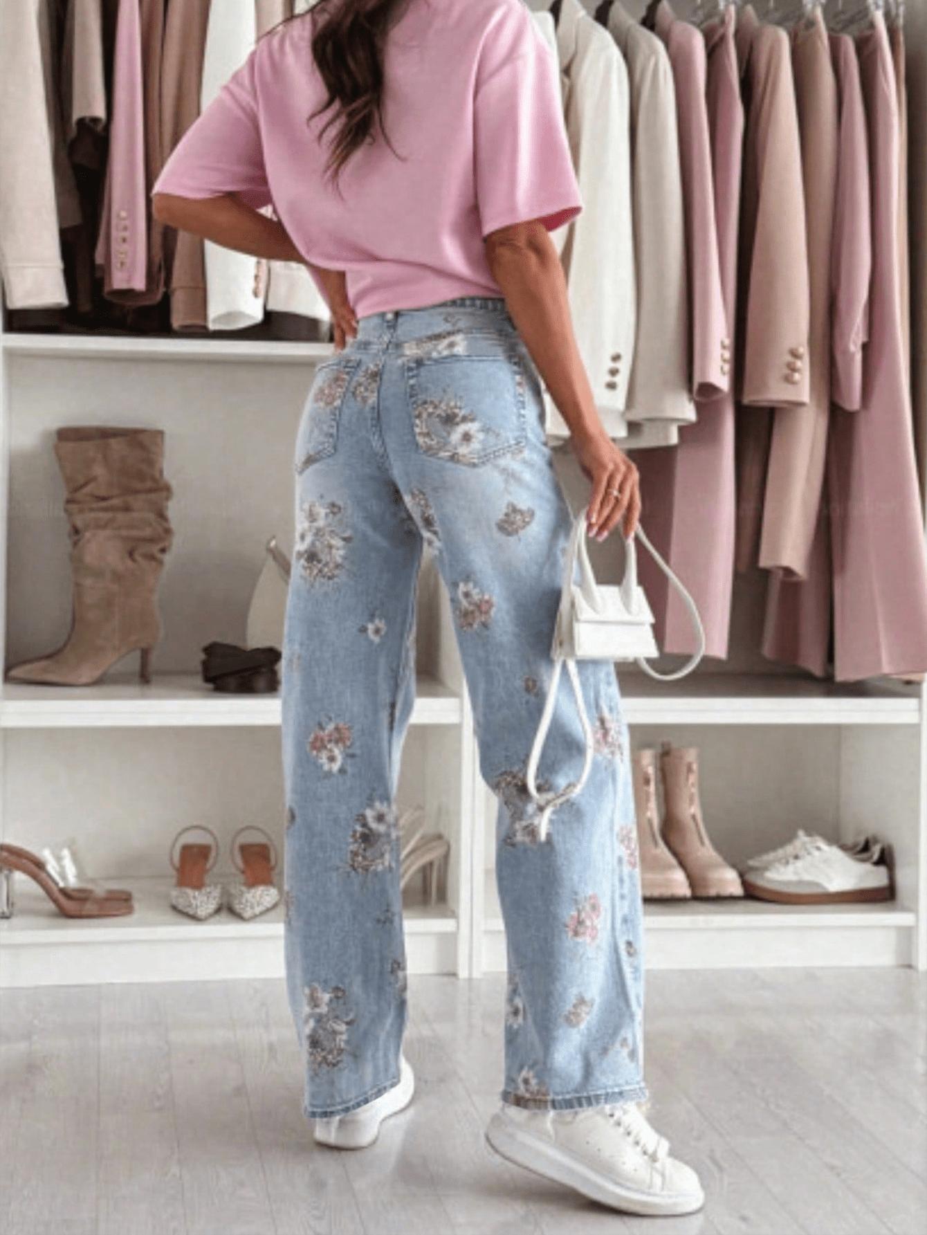 NIEBIESKIE SPODNIE JEANS WZÓR KWIATY