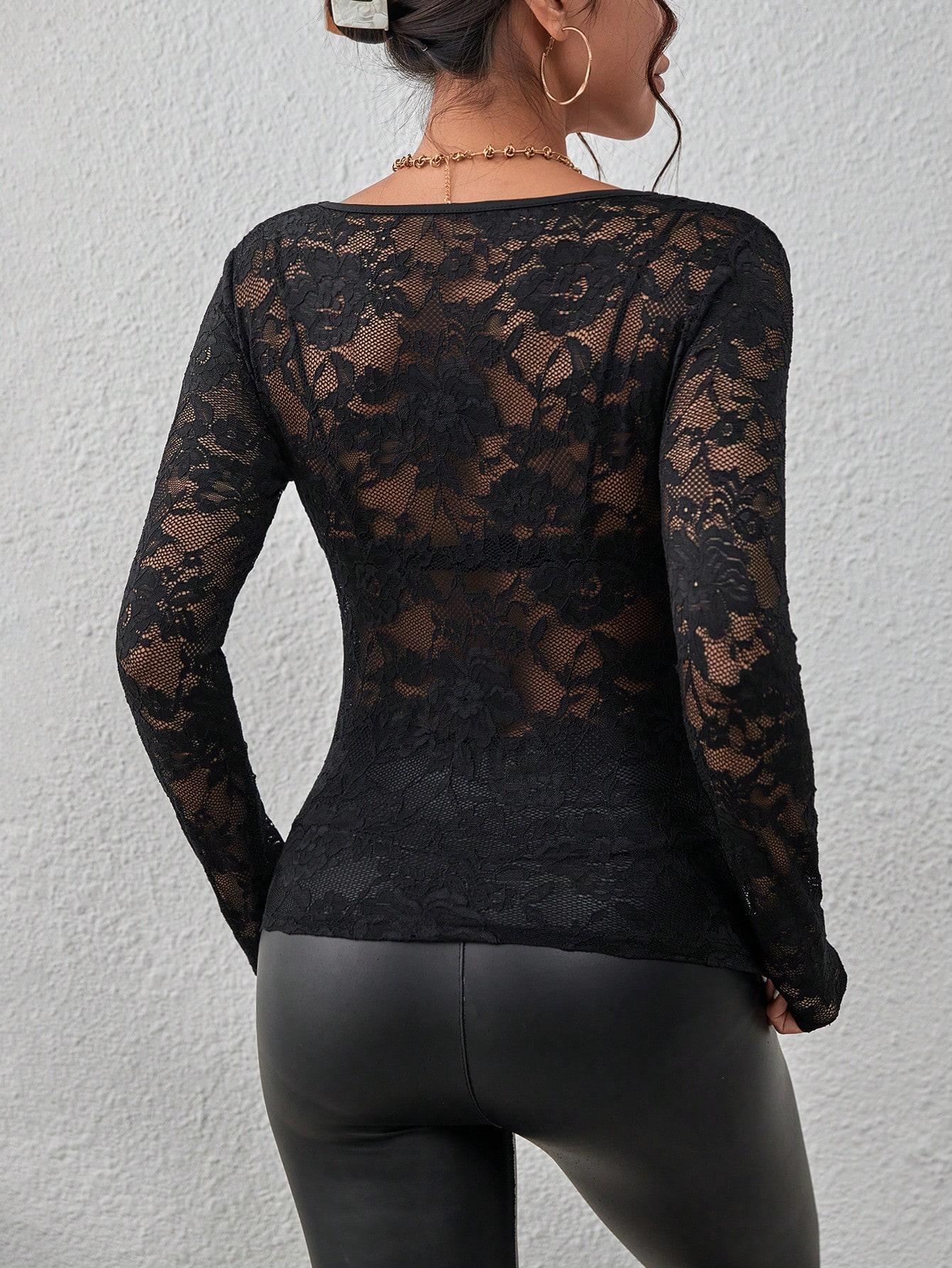 CZARNA BLUZKA KORONKA V-NECK 