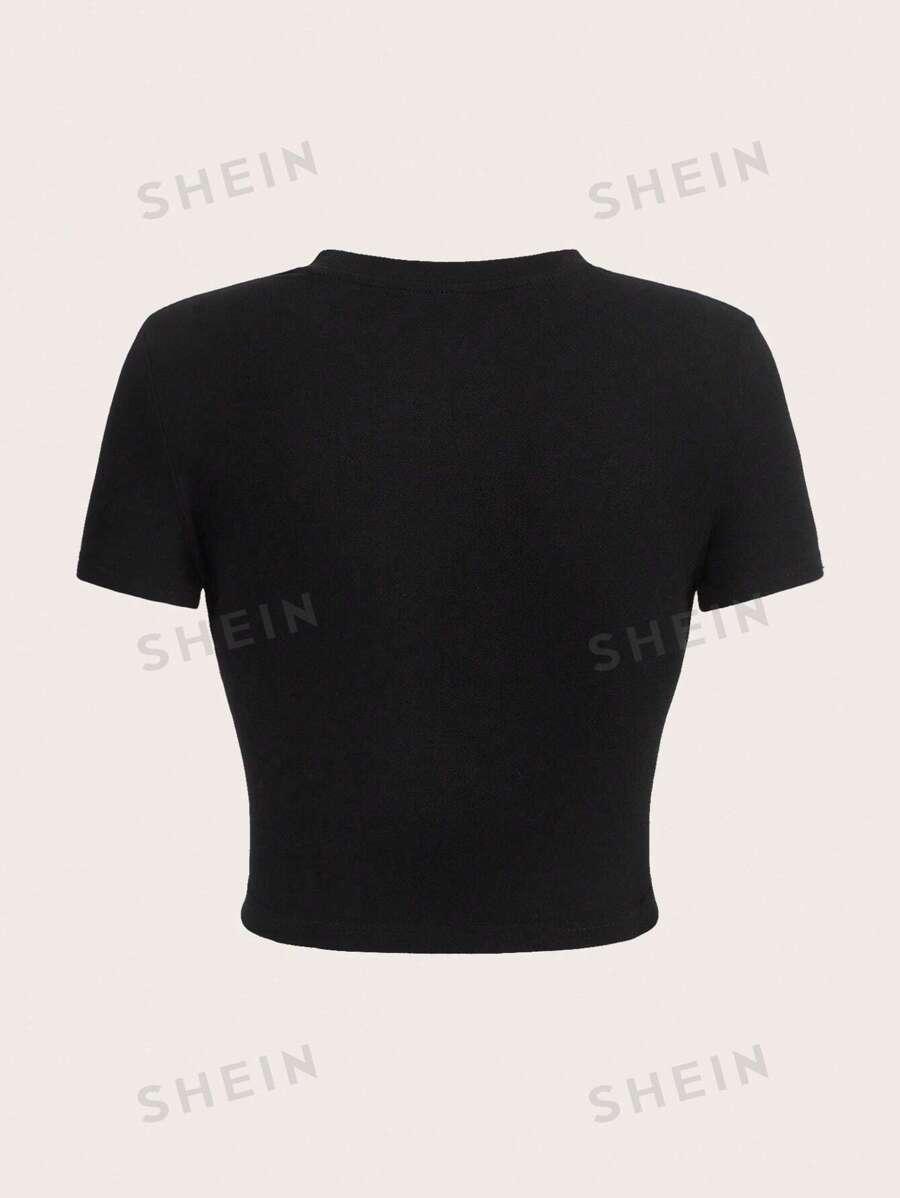CZARNY CROP TOP NADRUK KRÓTKI RĘKAW