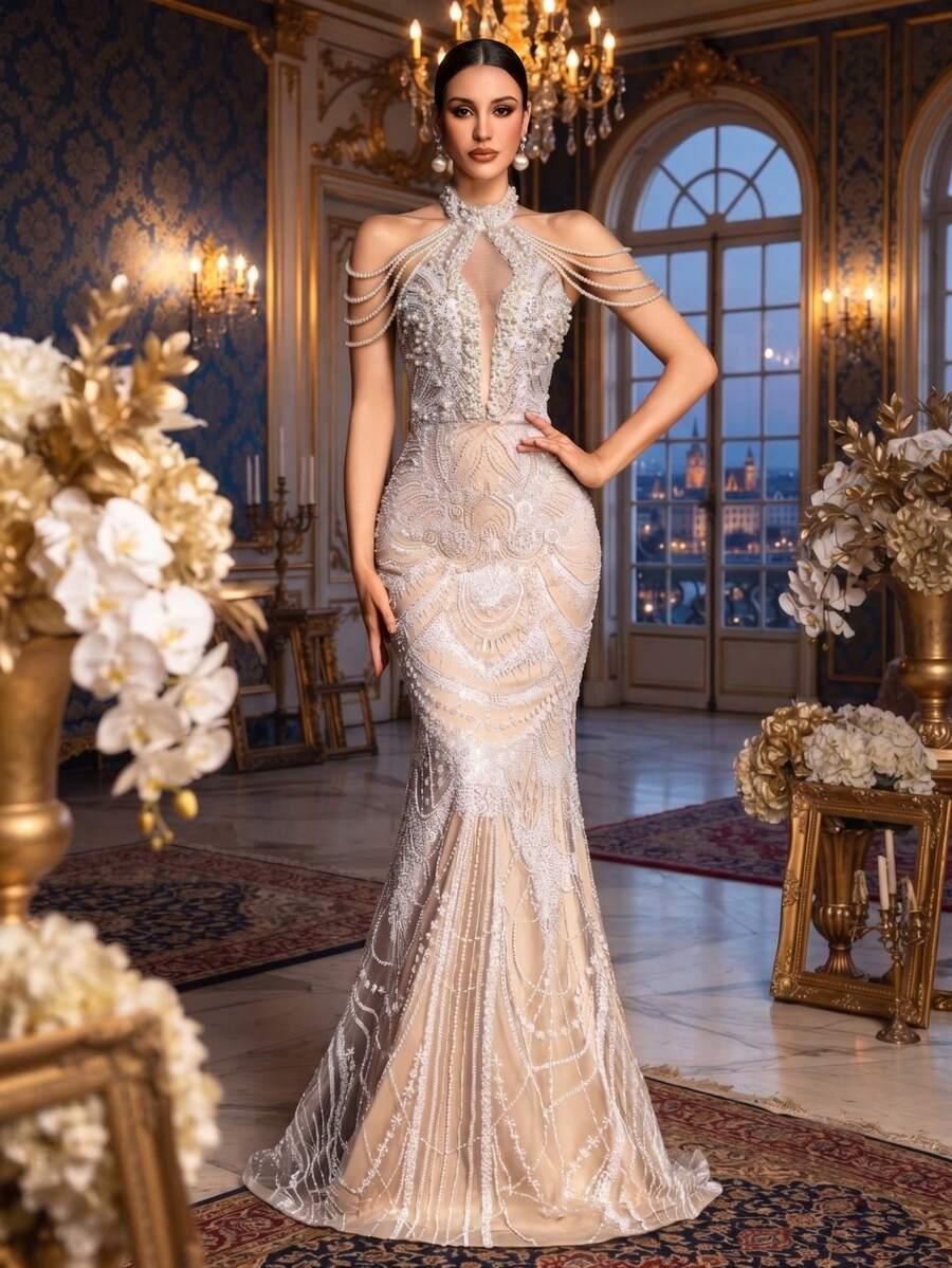 SUKIENKA MAXI ZE ZDOBIENIEM Z ODKRYTYMI RAMIONAMI