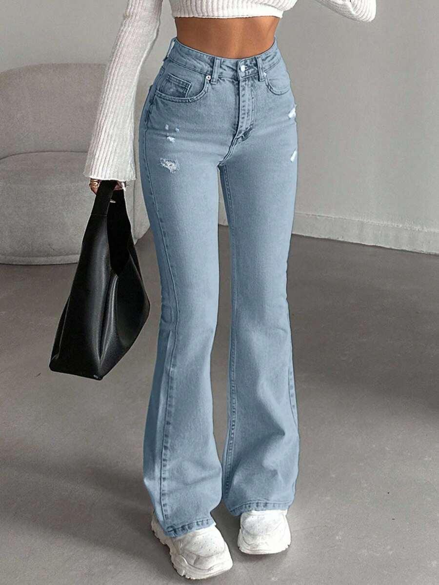 spodnie dzwony jeans przetarcia