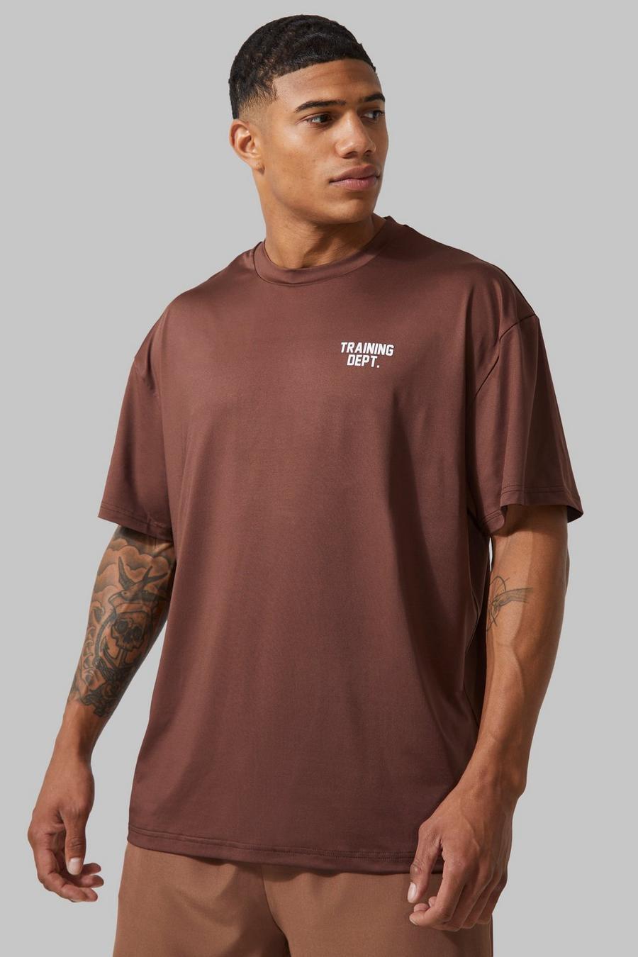 BRĄZOWY T-SHIRT NADRUK TRAINING DEPT OKRĄGŁY DEKOLT
