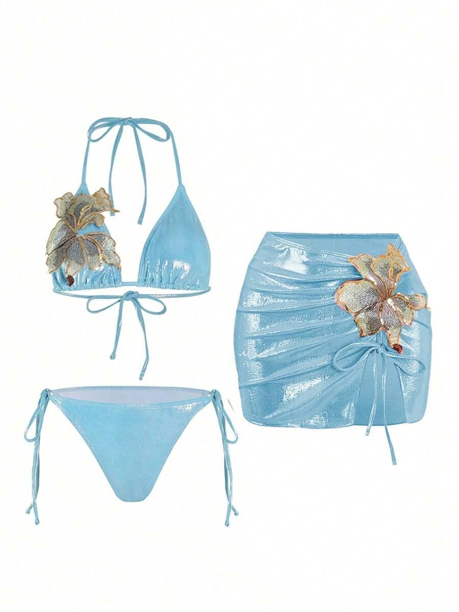 NIEBIESKI TRZYCZĘŚCIOWY KOMPLET BIKINI KWIAT 3D