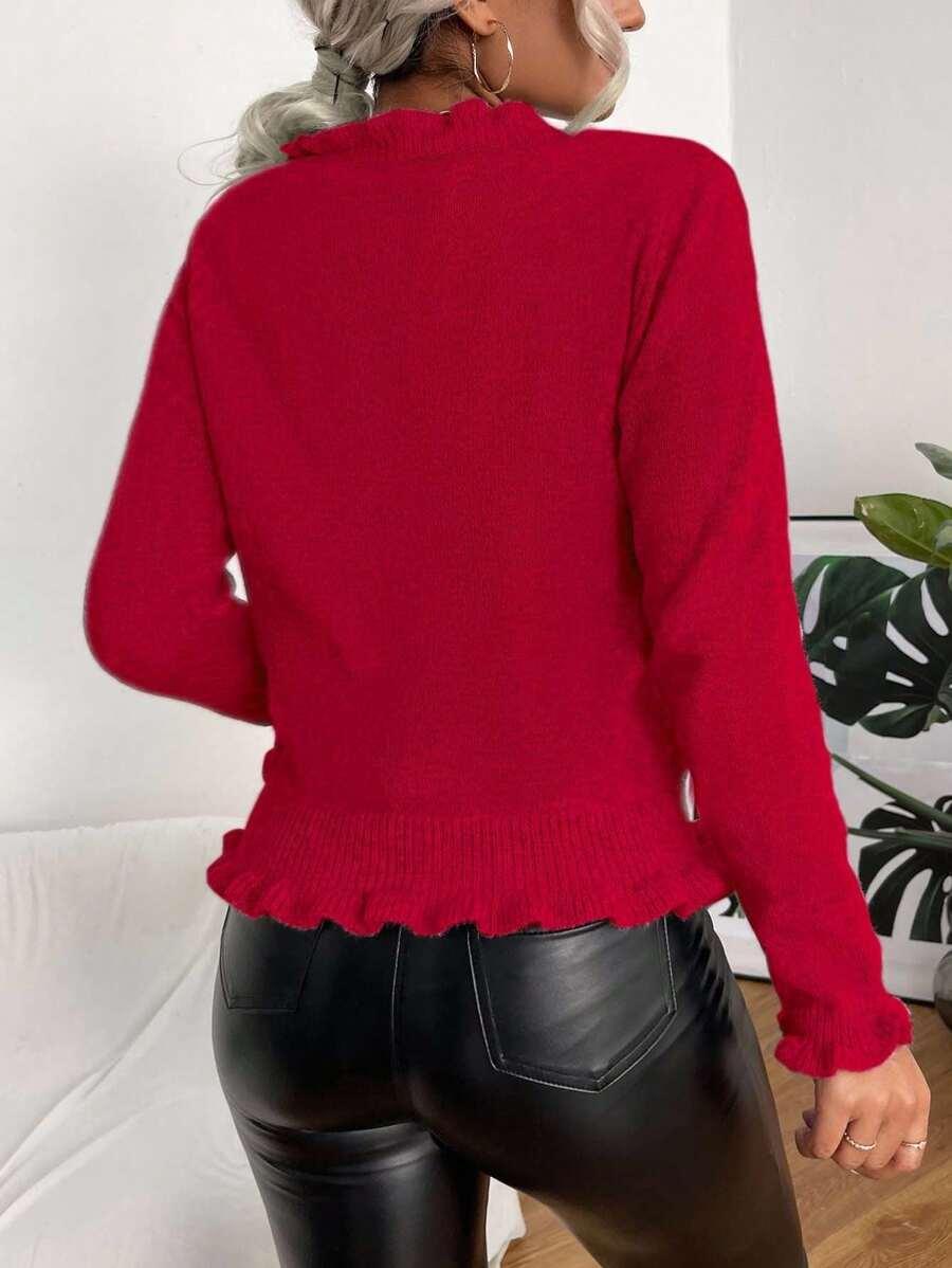 czerwony sweter guziki perełki