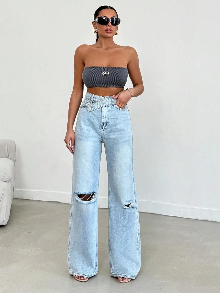 spodnie jeans prosta nogawka przetarcia
