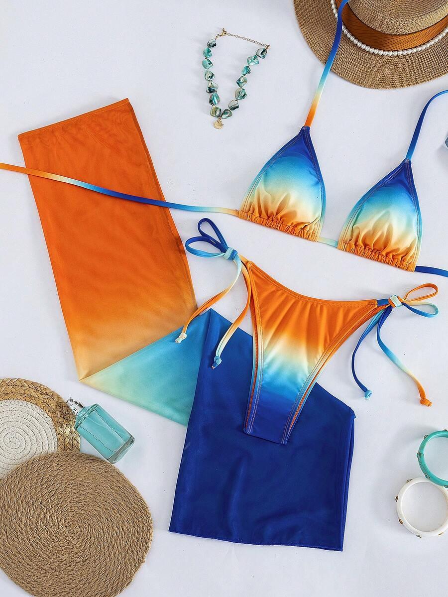 trzyczęściowy komplet bikini pareo ombre