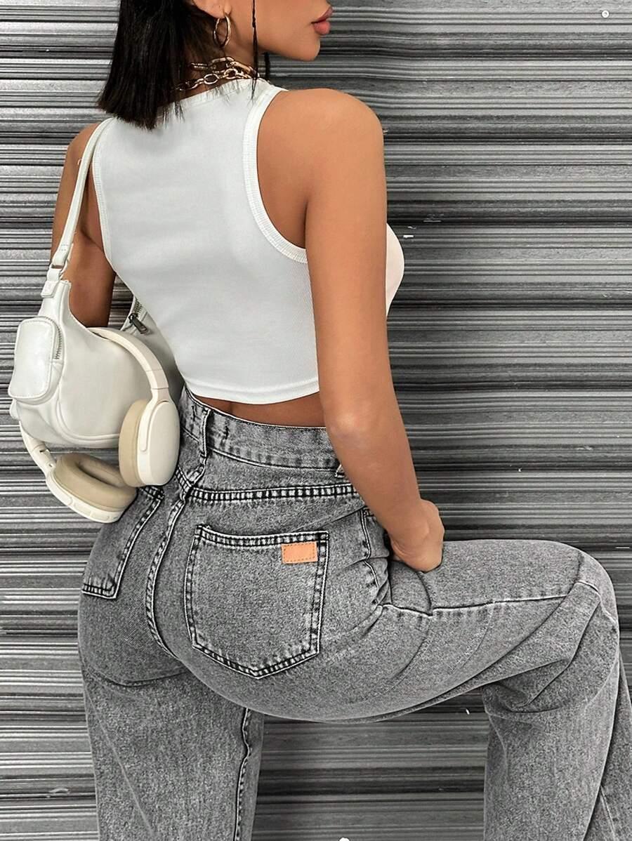 szare spodnie jeans wysoki stan 