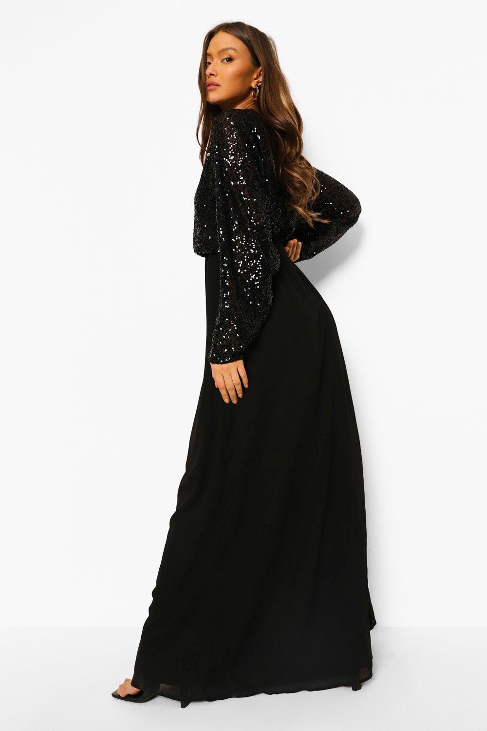 czarna maxi sukienka cekiny zdobienie długi rękaw