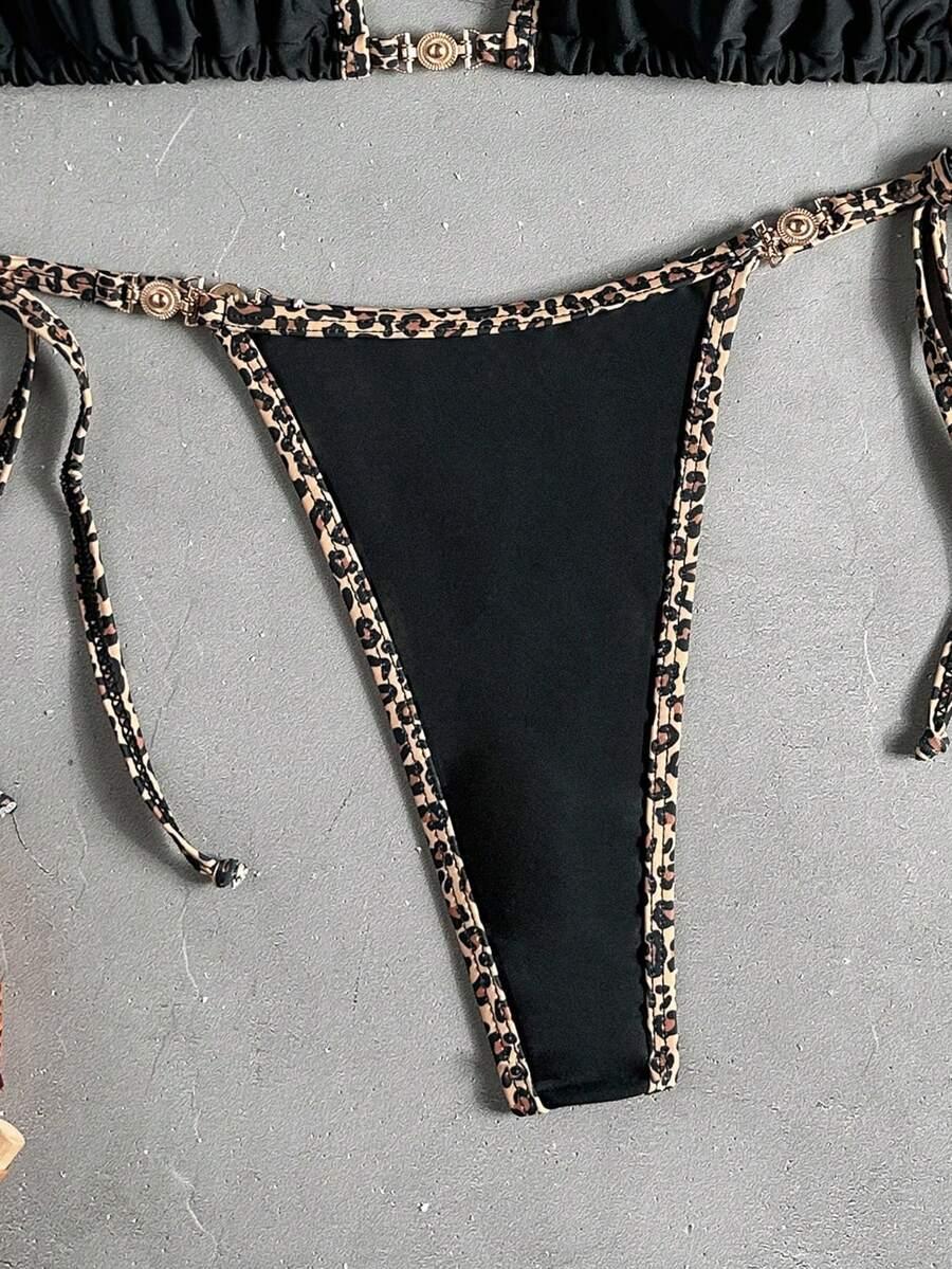 KOMPLET BIKINI WIĄZANY Z LAPASEM W PANTERKĘ