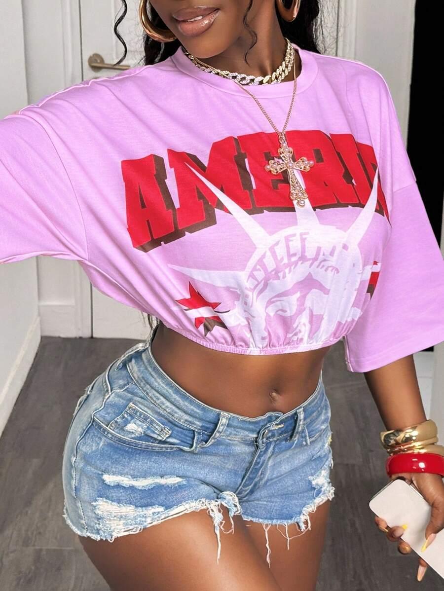LUŹNY T-SHIRT DAMSKI Z NADRUKIEM