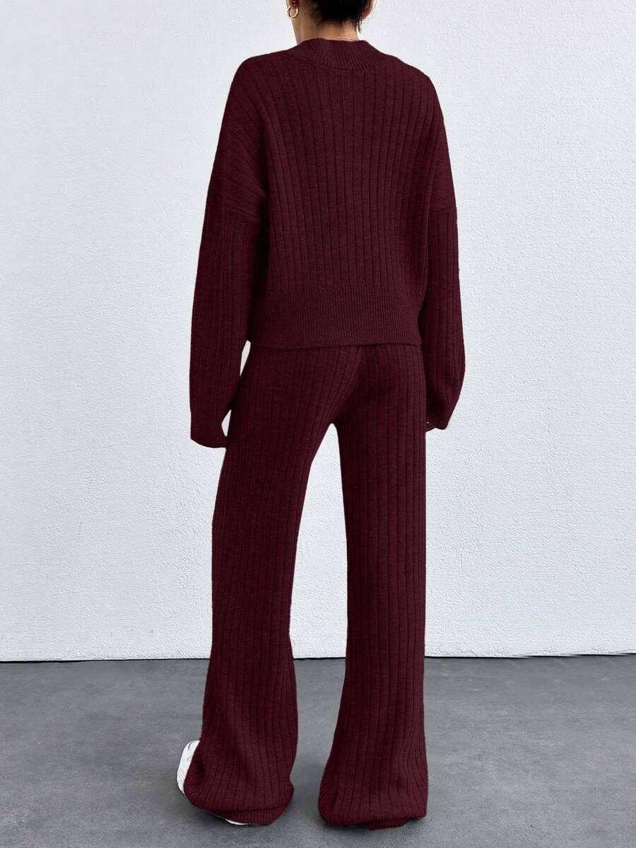 BORDOWY DZIANINOWY KOMPLET SWETER SPODNIE