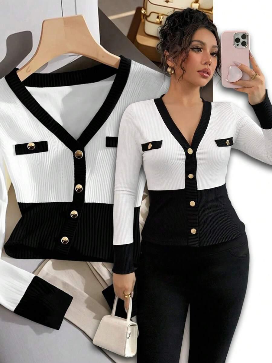 bluzka guziki v-neck kontrast