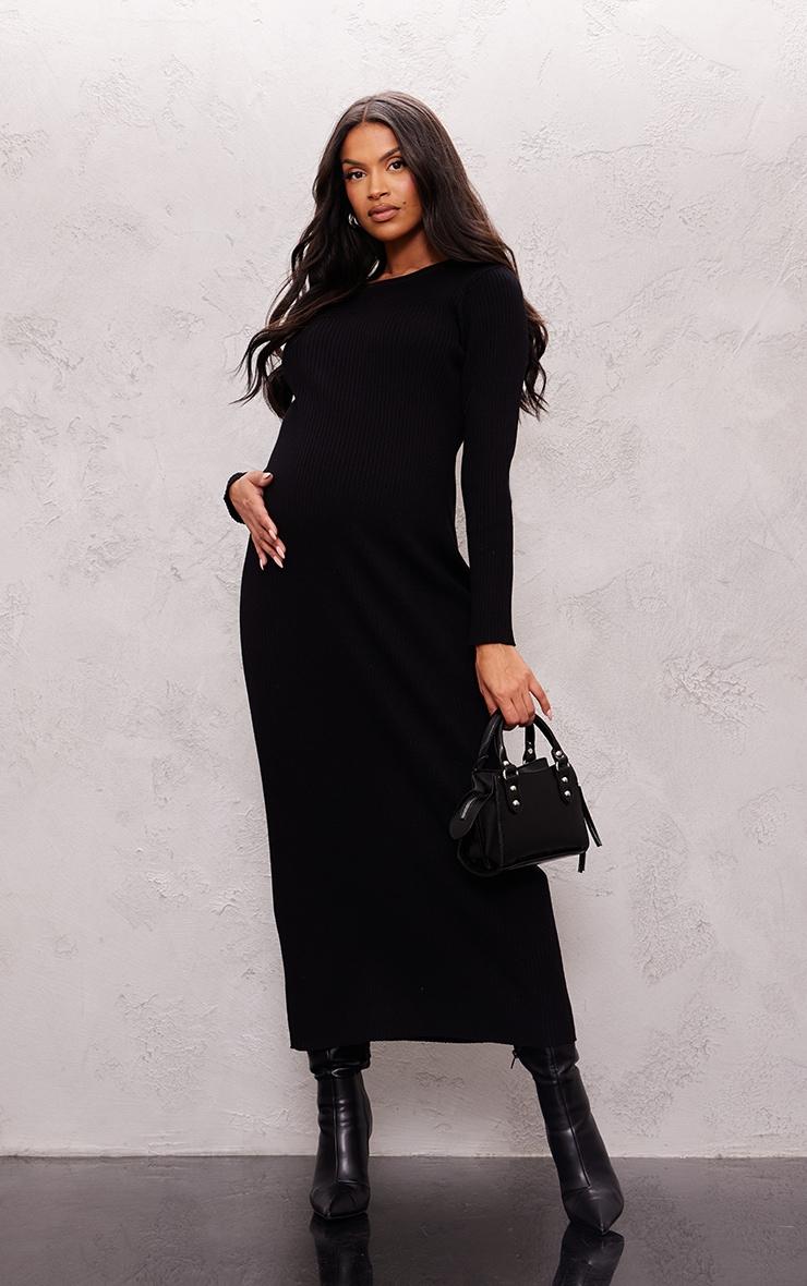 czarna dzianinowa ciążowa maxi sukienka prążki