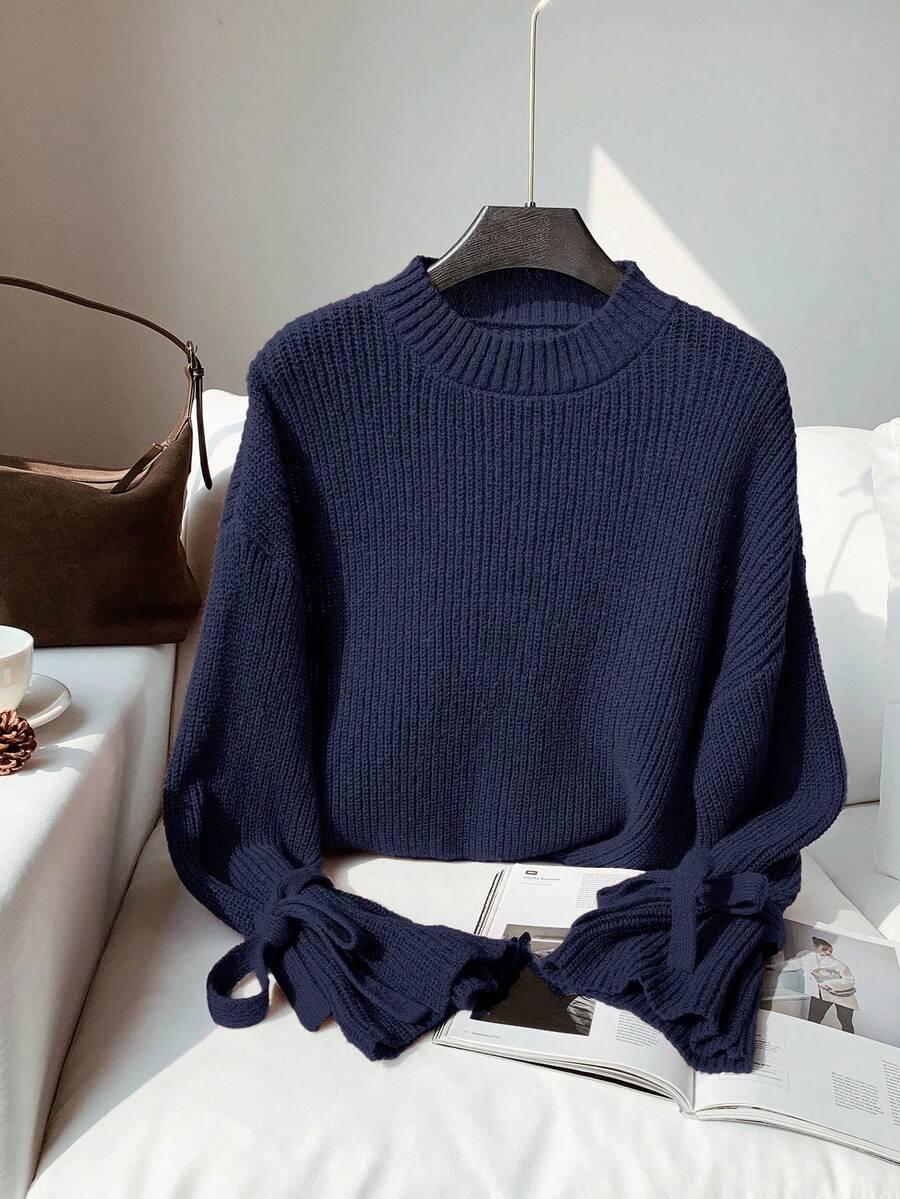 GRANATOWY DZIANINOWY SWETER 