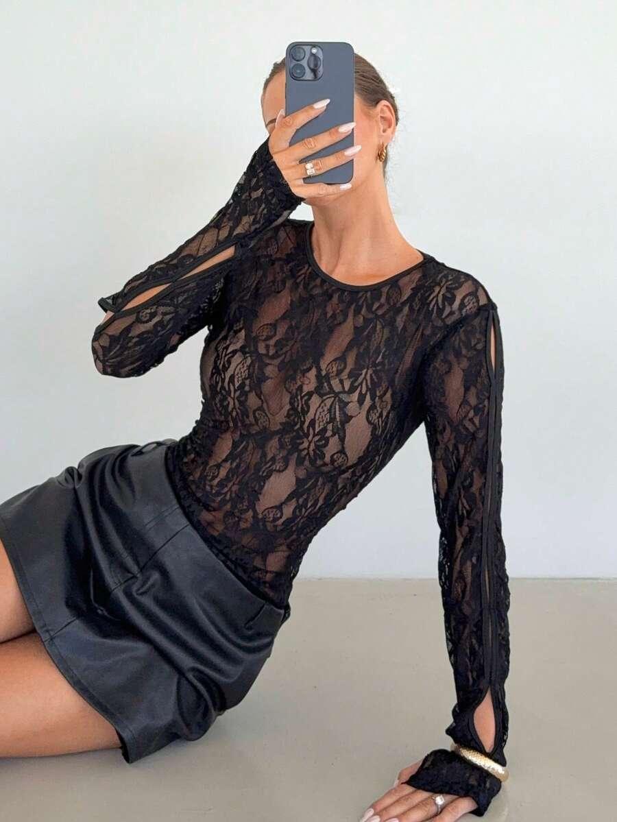 czarna bluzka koronka 