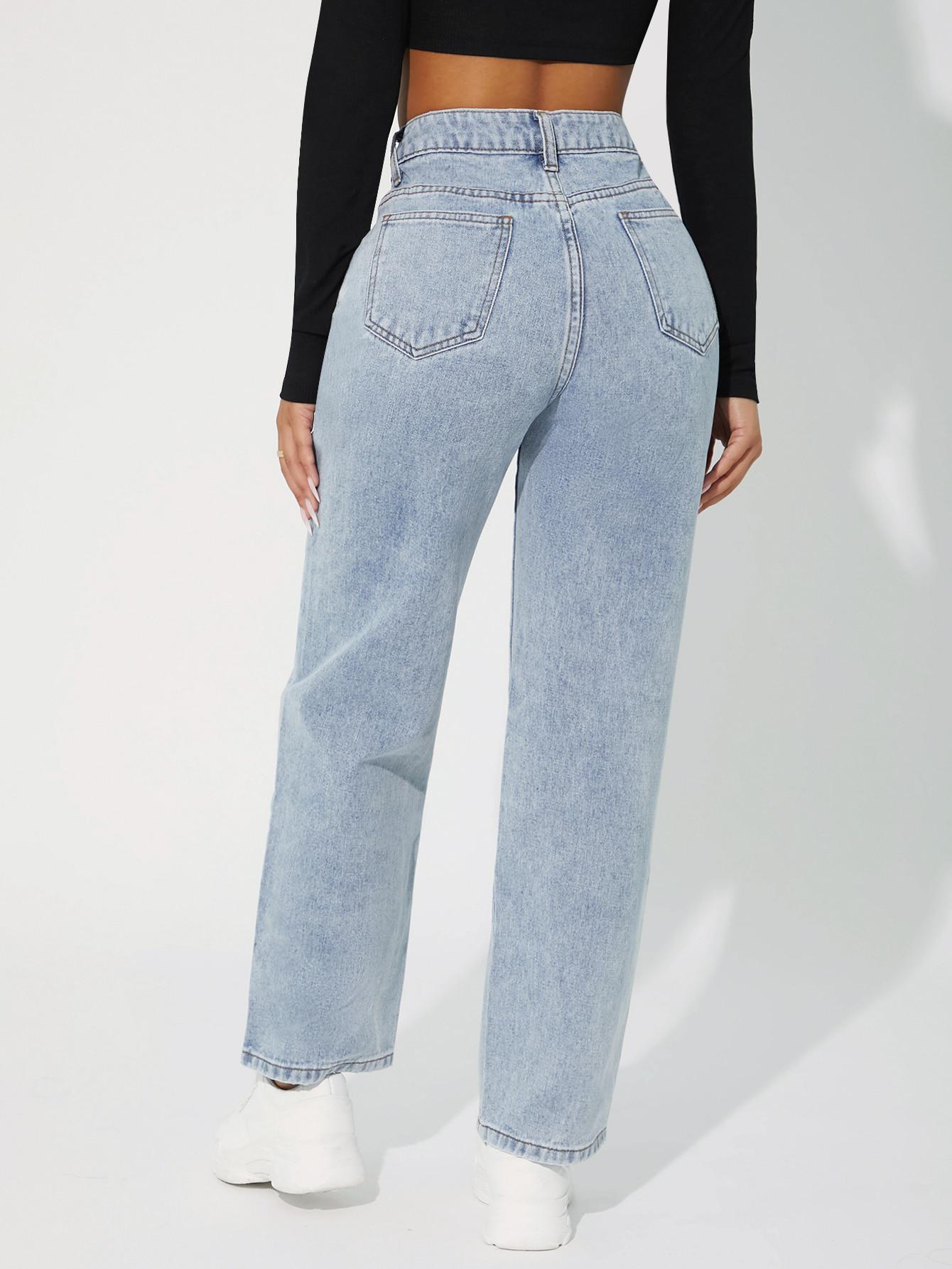 NIEBIESKIE SPODNIE JEANS PROSTA NOGAWKA WYSOKI STAN