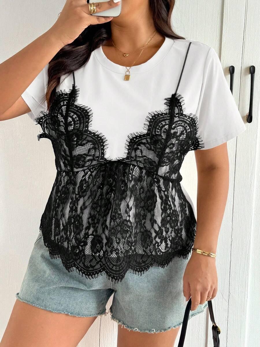 biały t-shirt okrągły dekolt kontrast koronka