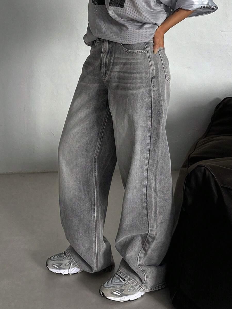 SZARE SPODNIE JEANS SZEROKIE NOGAWKI