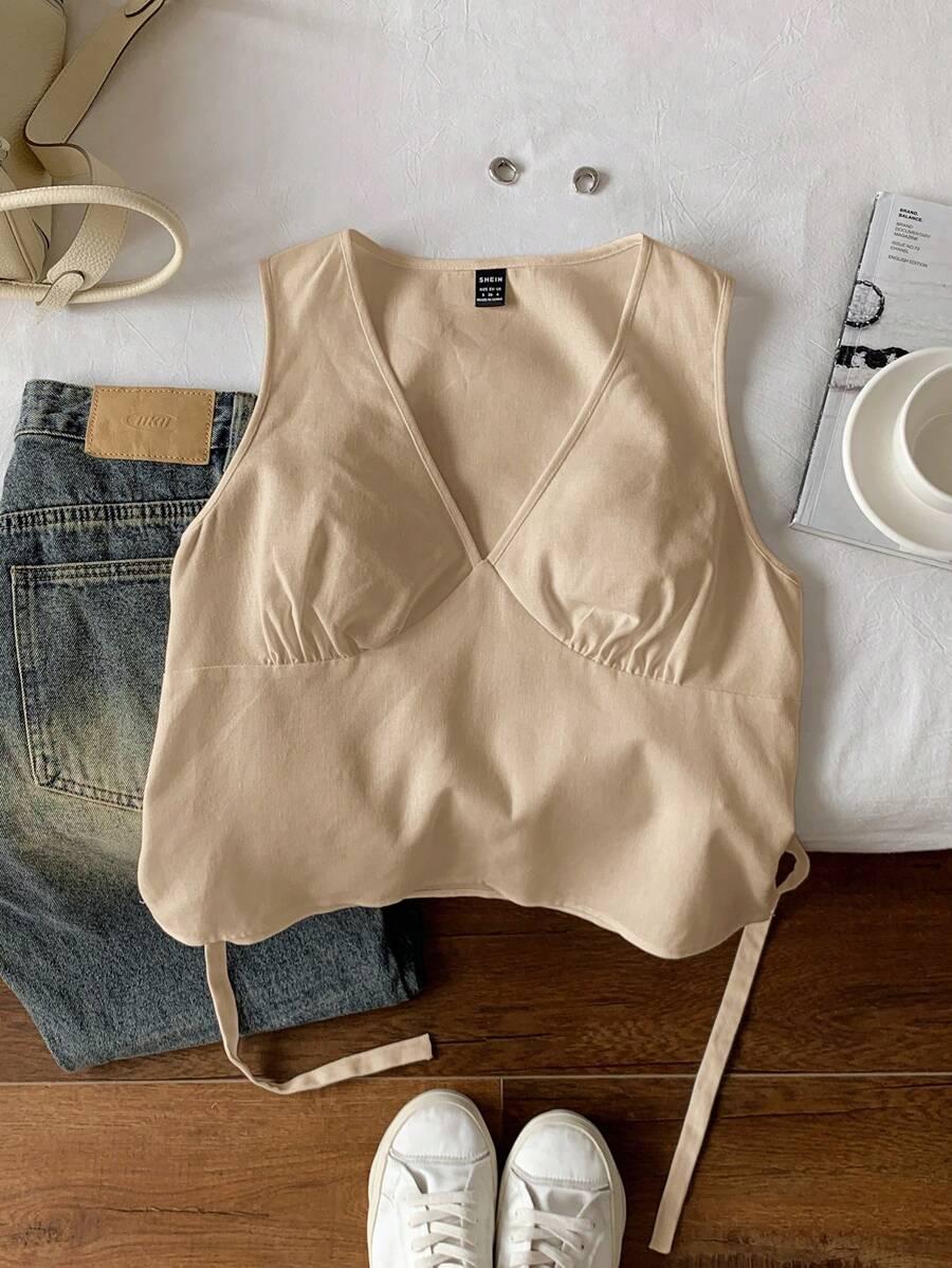 BEŻOWY TOP BEZ RĘKAWÓW v-neck