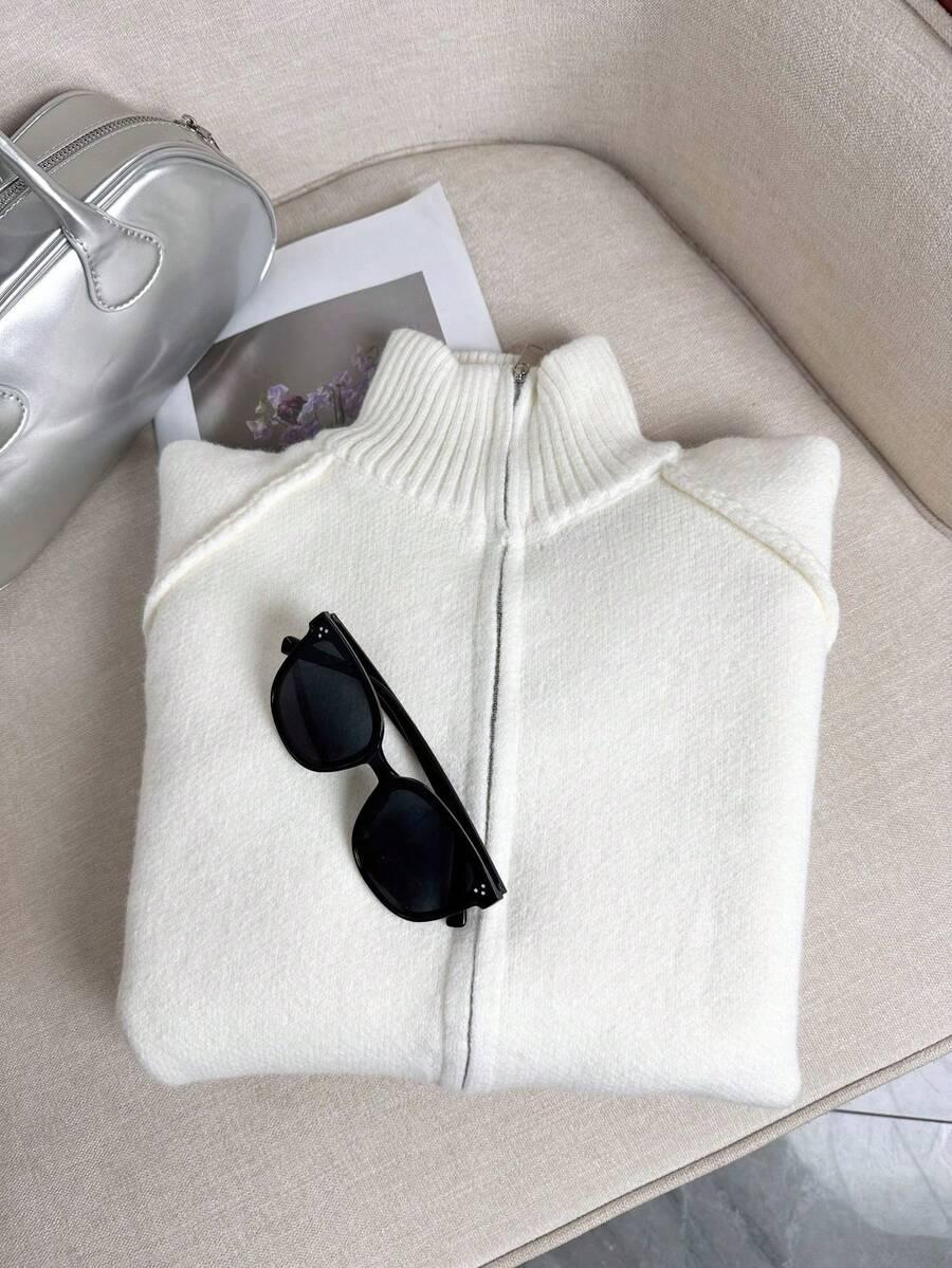 KREMOWY DZIANINOWY SWETER ZIP 