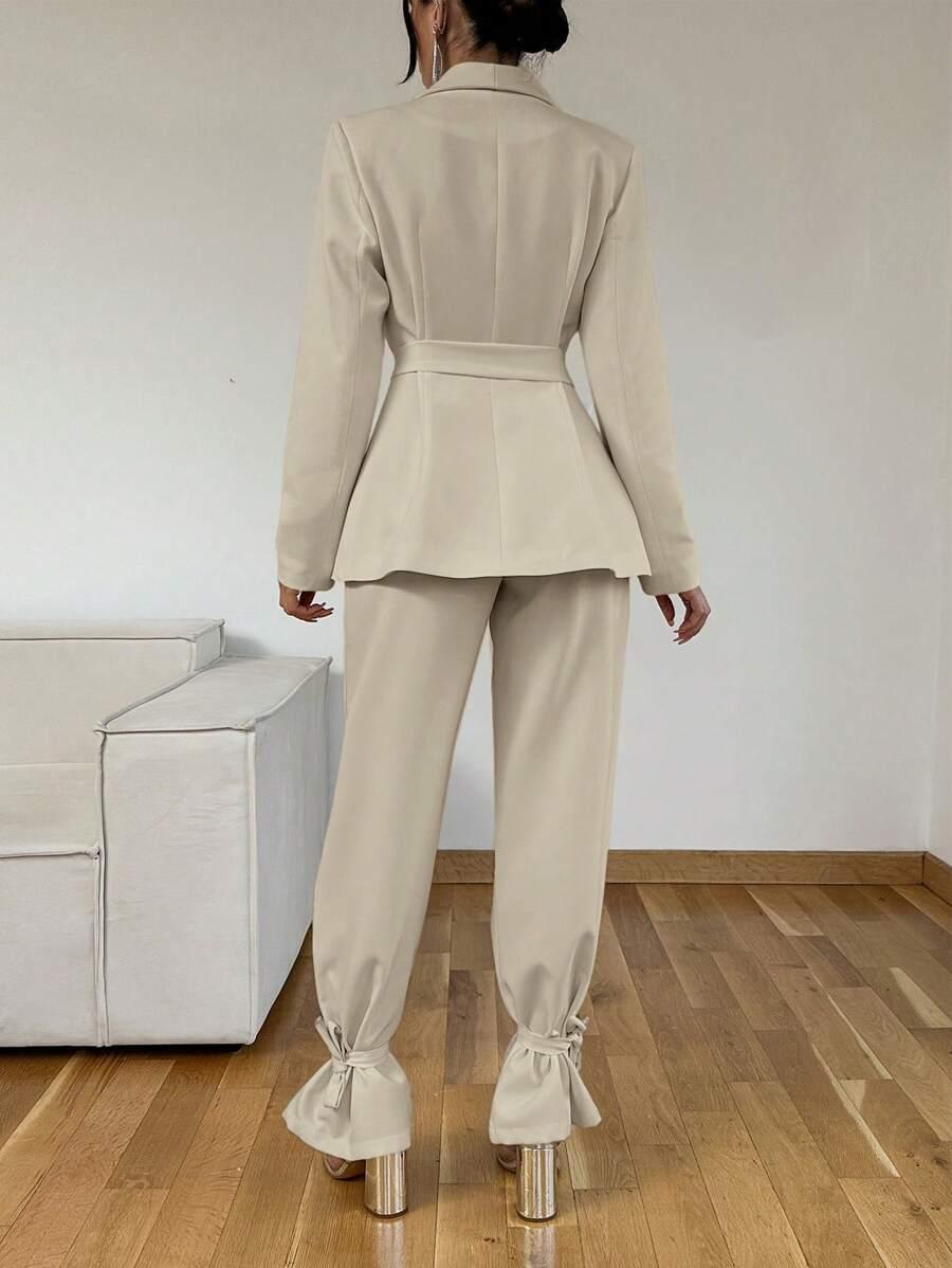 BEŻOWY KOMPLET SPODNIE MARYNARKA 