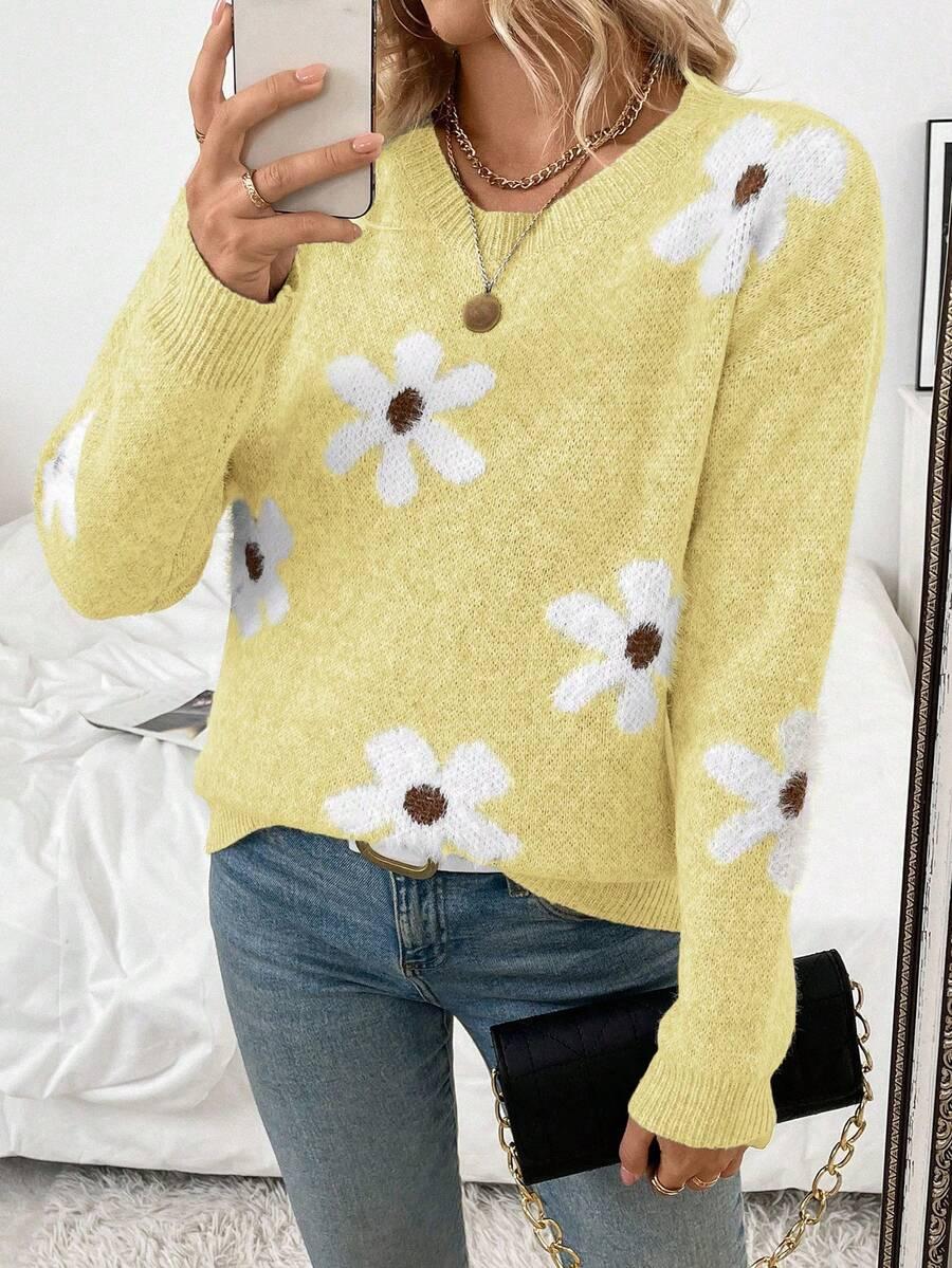 żółty sweter fluffy kwiaty