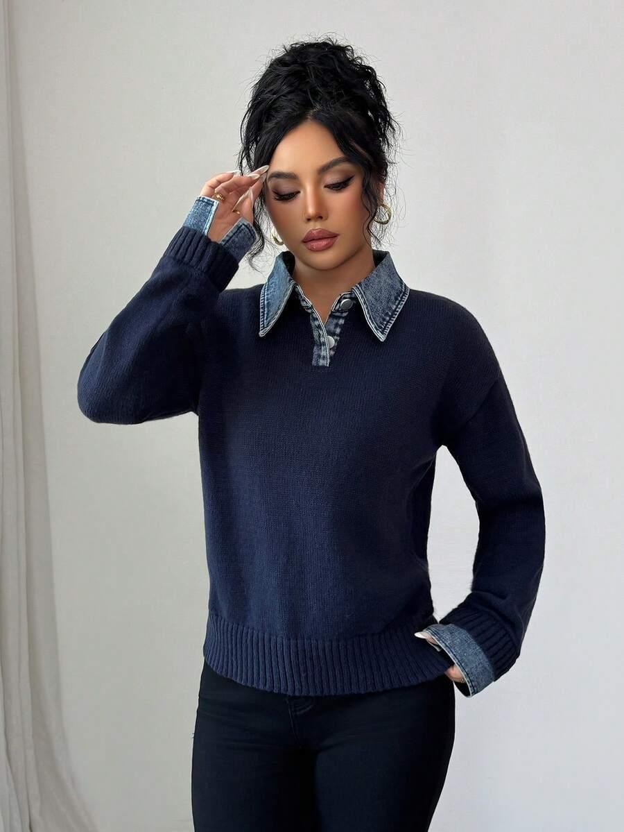 GRANATOWY SWETER KOŁNIERZYK 