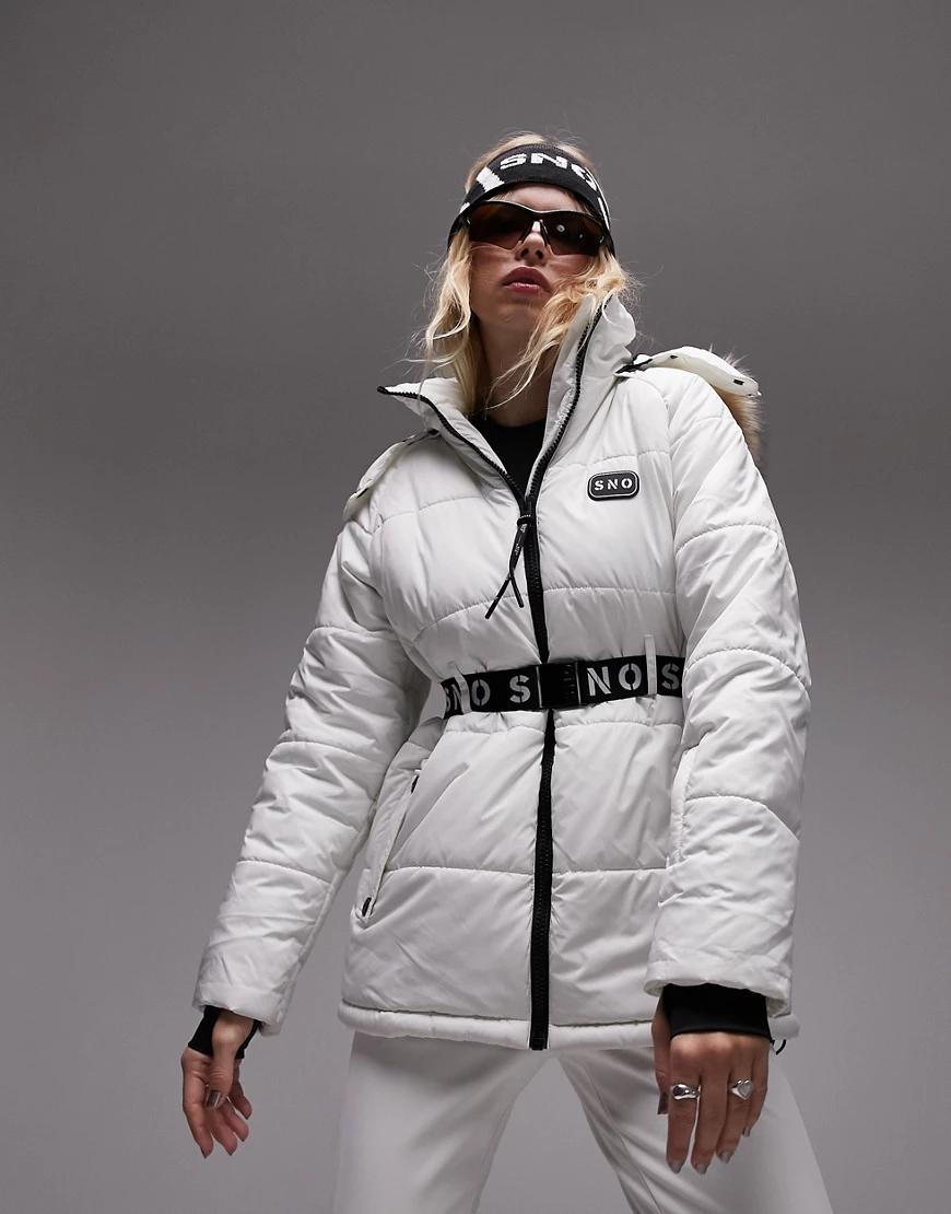biała narciarska kurtka kaptur futerko
