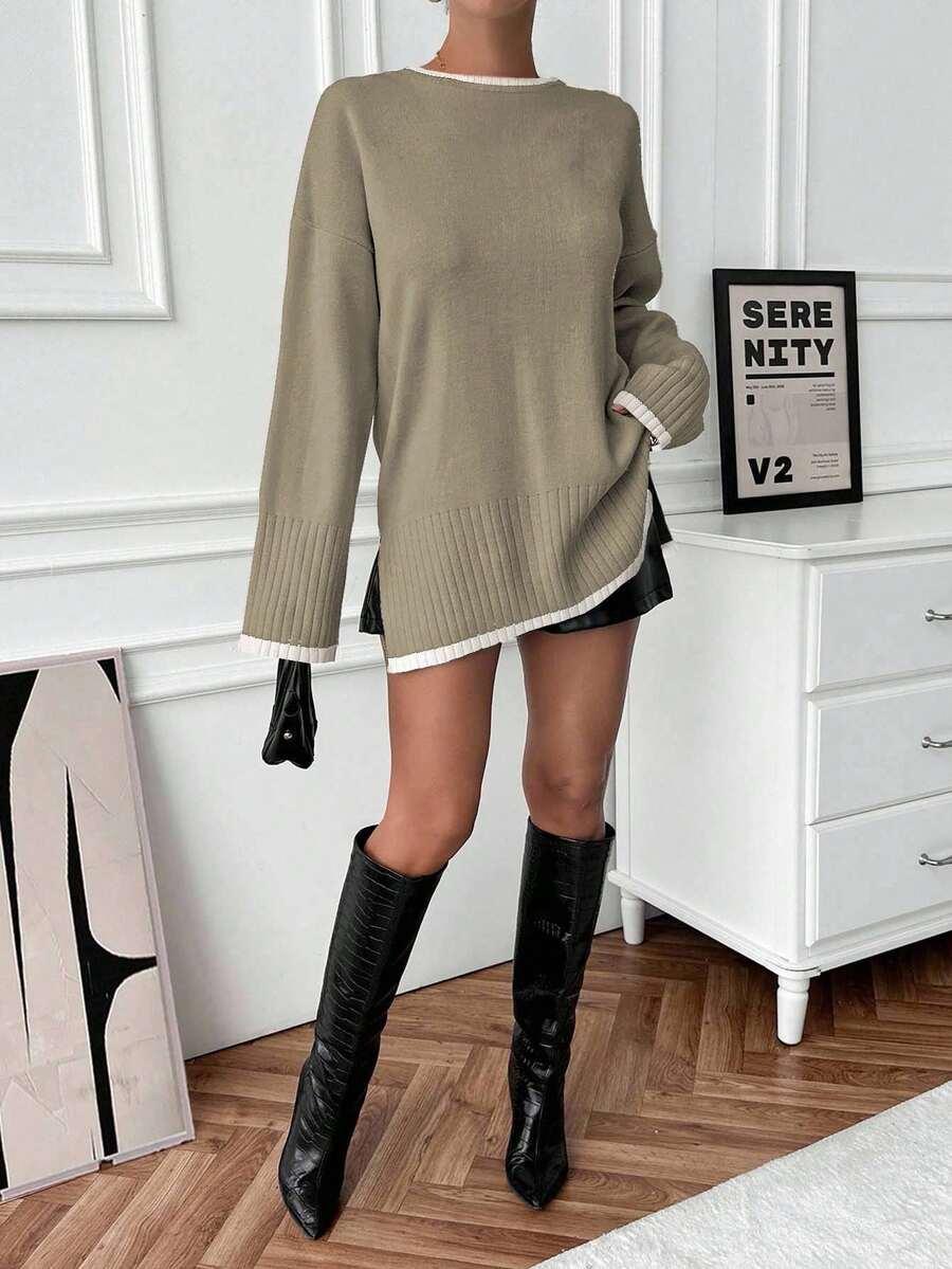 BRĄZOWY SWETER OKRĄGŁY DEKOLT