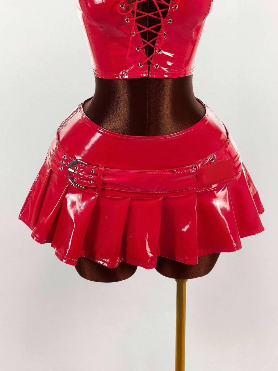 CZERWONYe SPÓDNICO-SPODENKI IMITACJA SKÓRY