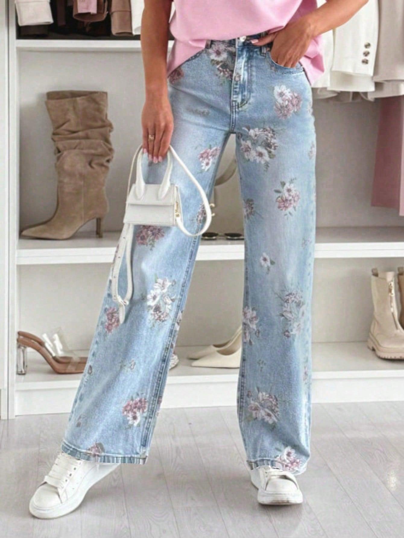 NIEBIESKIE SPODNIE JEANS WZÓR KWIATY