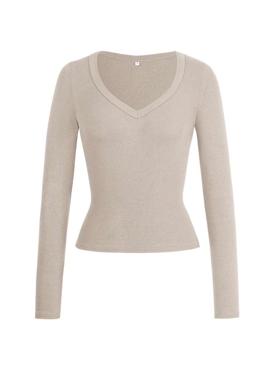 beżowa dopasowana bluzka v neck 