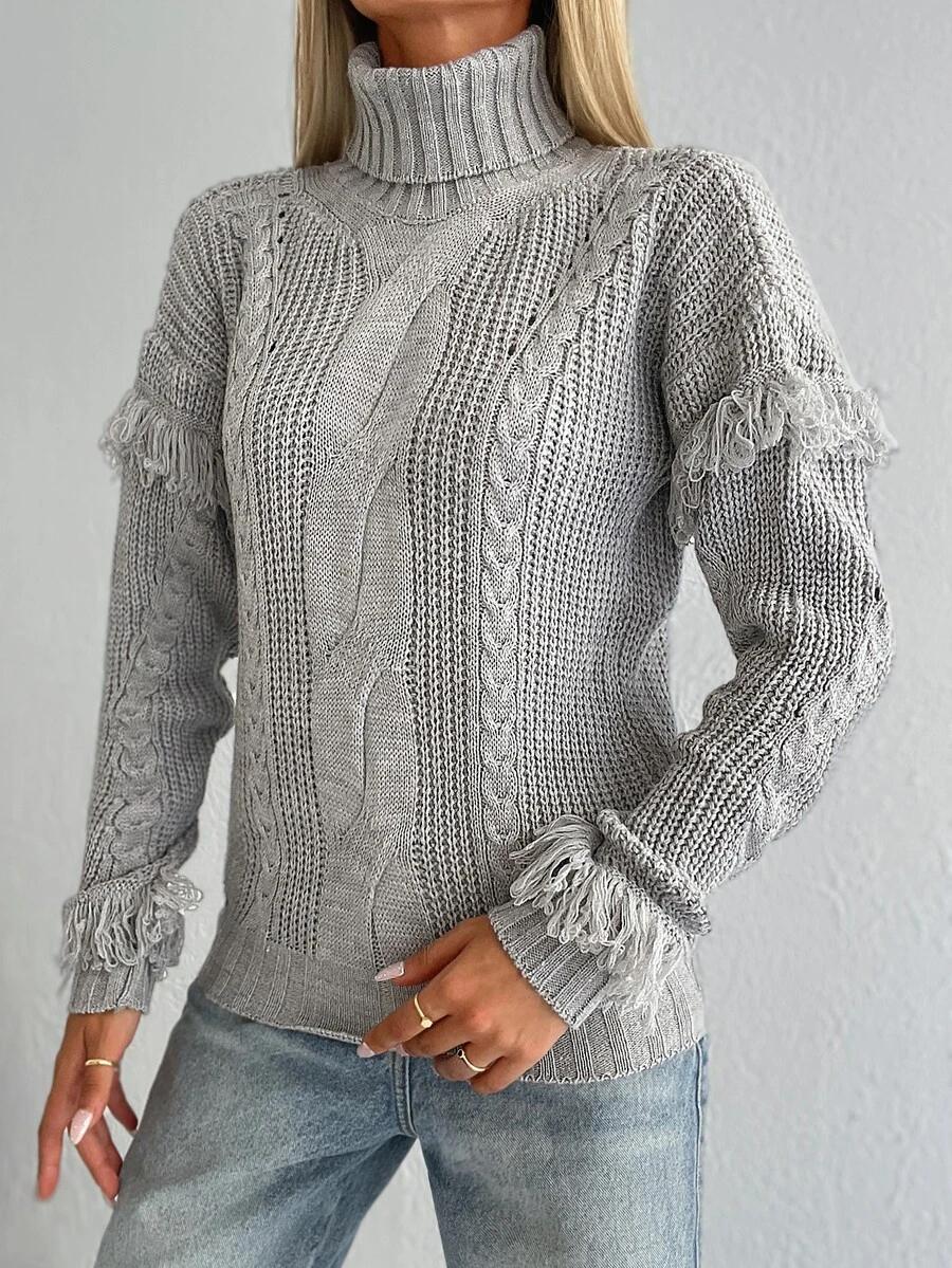 sweter golf frędzle splot ecru