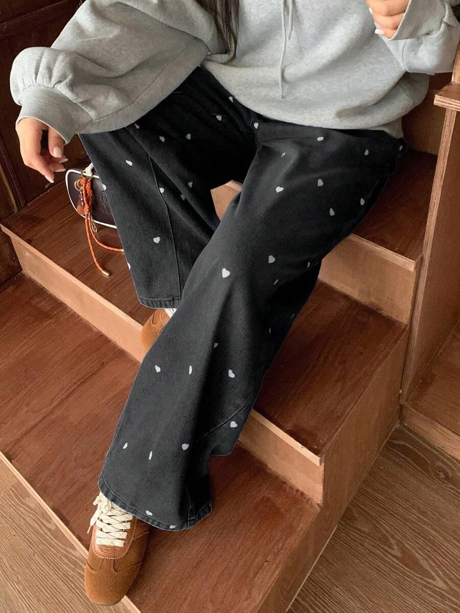 SZEROKIE SPODNIE JEANS WZÓR SERCA