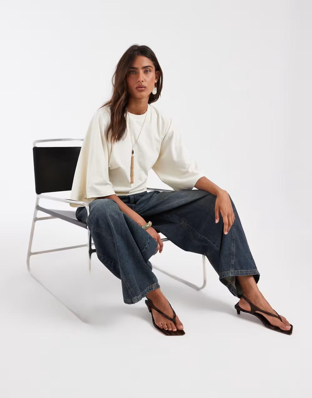 kremowy BAWEŁNIANY t-shirt casual